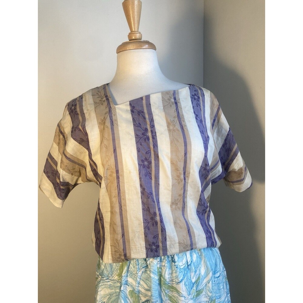 Vintage Assymetrical Striped Cotton Sleeved Blouse Top Shirt Gailord 1960s
